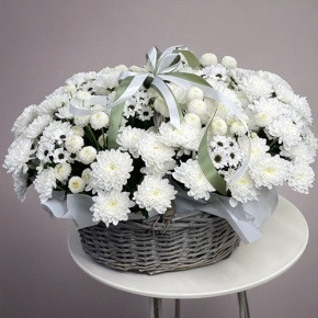 Композиция в корзине "Снежная лавина" из хризантем в Щелково