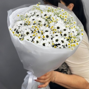 Букет "Понарошку" из хризантем сантини и ромашек в Щелково
